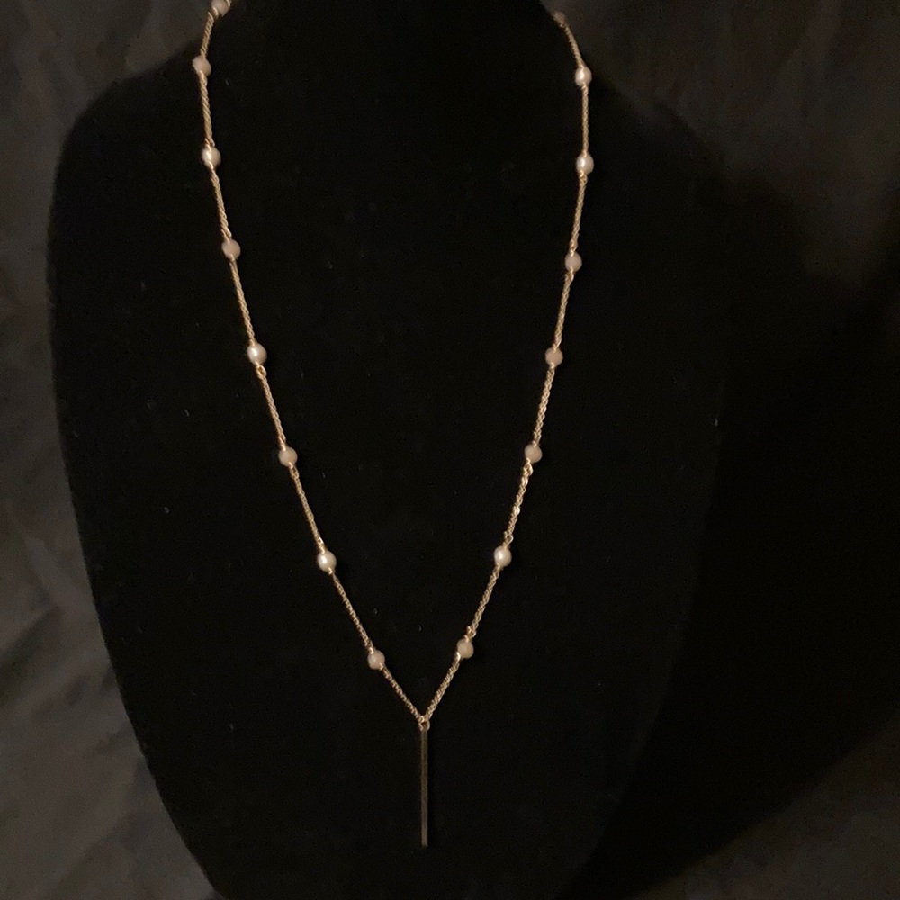 Gold Tone Necklace-White Beads